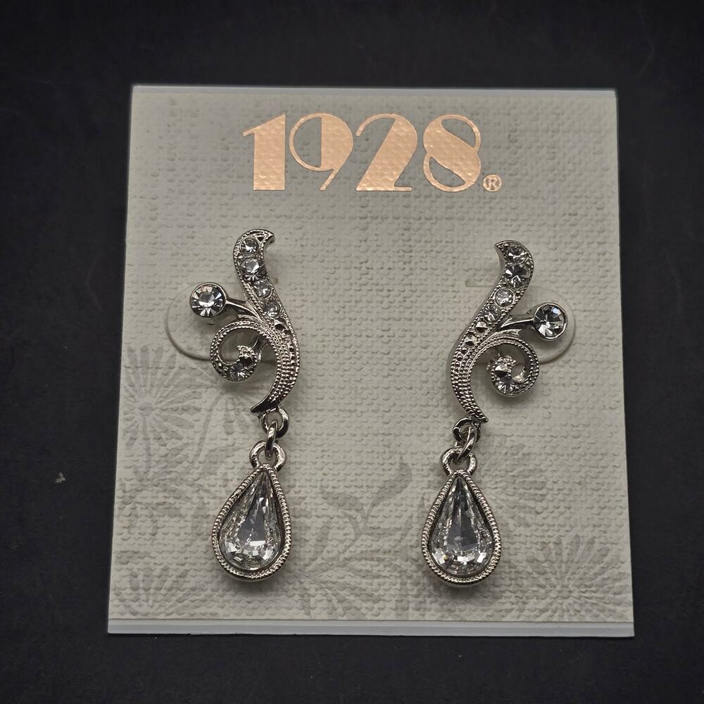 1928 Brand Rhinestone Silver Tone Earrings On Card NOS
